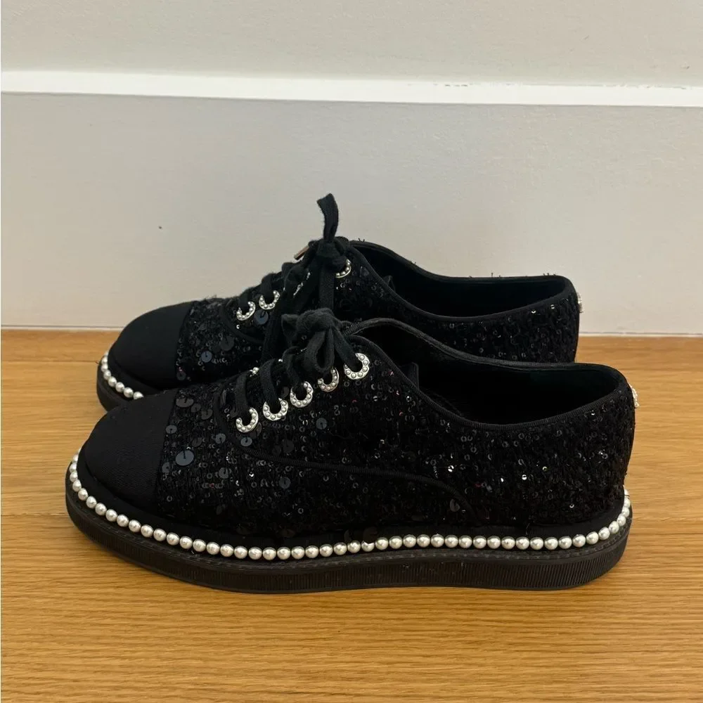 Chanel Black Sequin Oxford Sneakers with Pearl Detailing